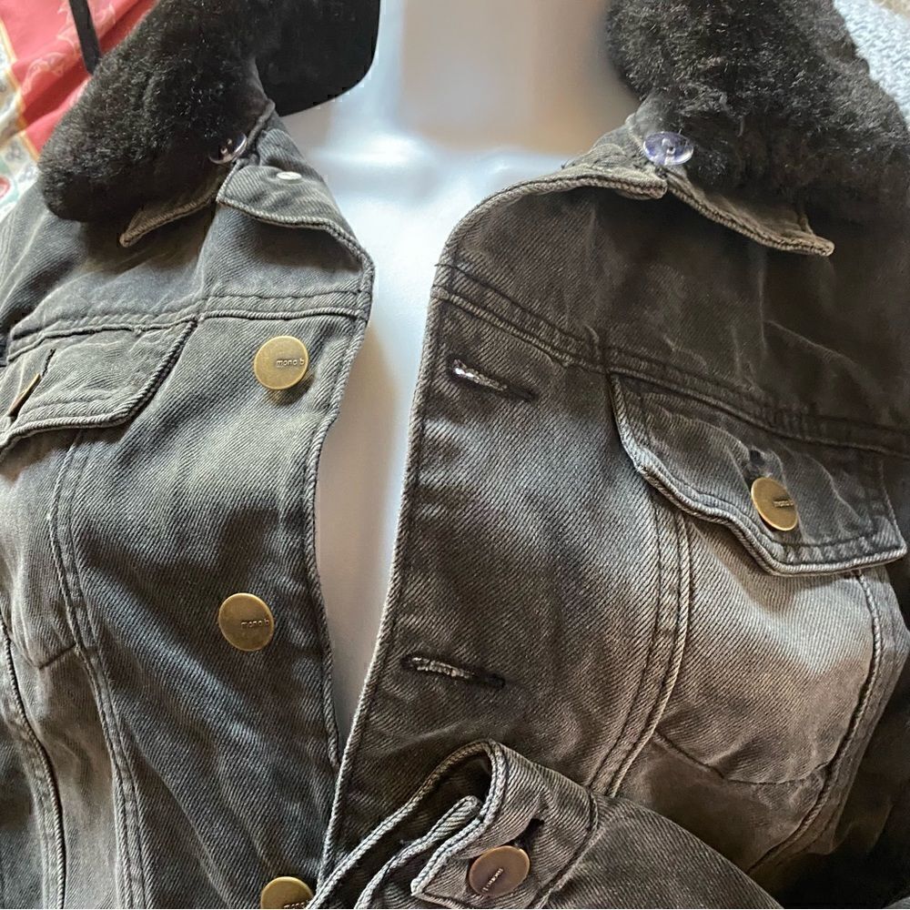 Black/grey  denim jacket with removable faux fur collar sz M - Picture 11 of 16